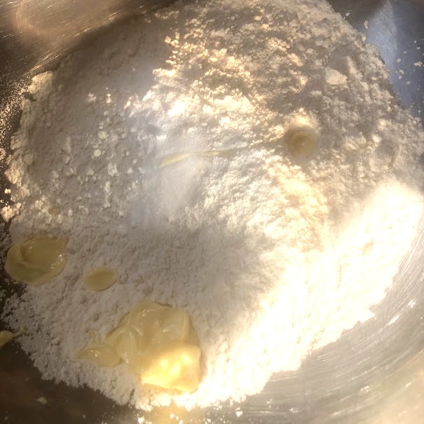 flour, baking soda, baking powder, salt, softened butter