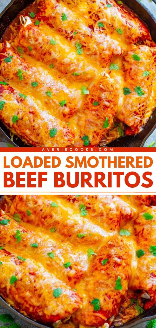 Loaded Smothered Beef Burritos - Averie Cooks